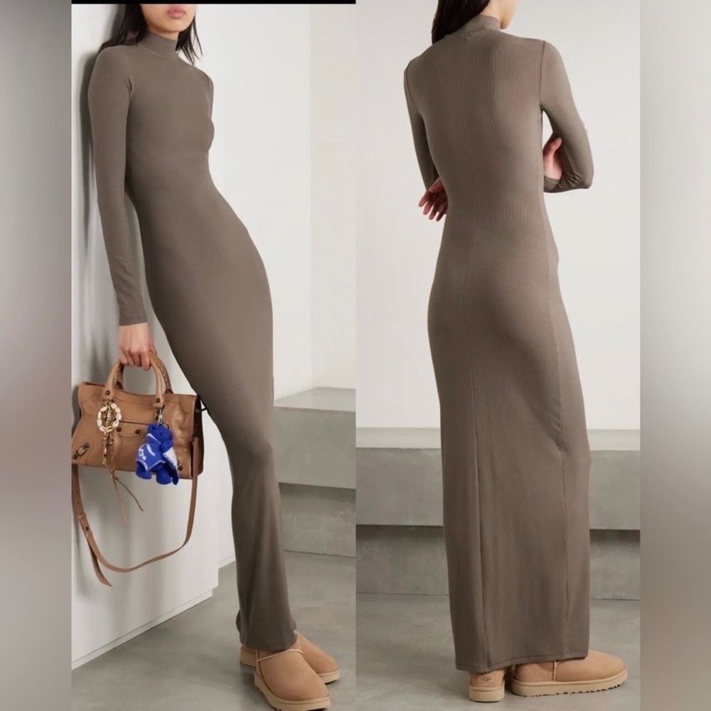 Skims Soft Lounge Amethyst Taupe Ribbed Mock‎ Neck Long Sleeve Maxi Dress SZ S